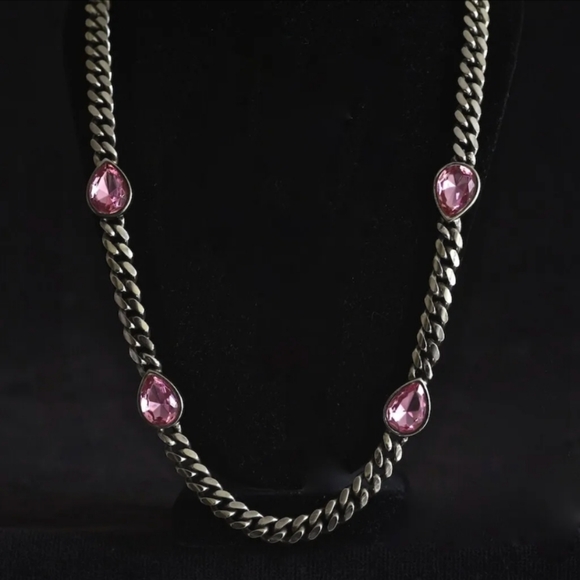 Ornate Metal Necklace With Vauxhall Pink Stones Vintage Costume Jewelry - Picture 6 of 8